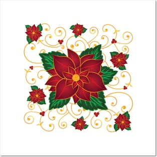 Poinsettia with gold vines Posters and Art